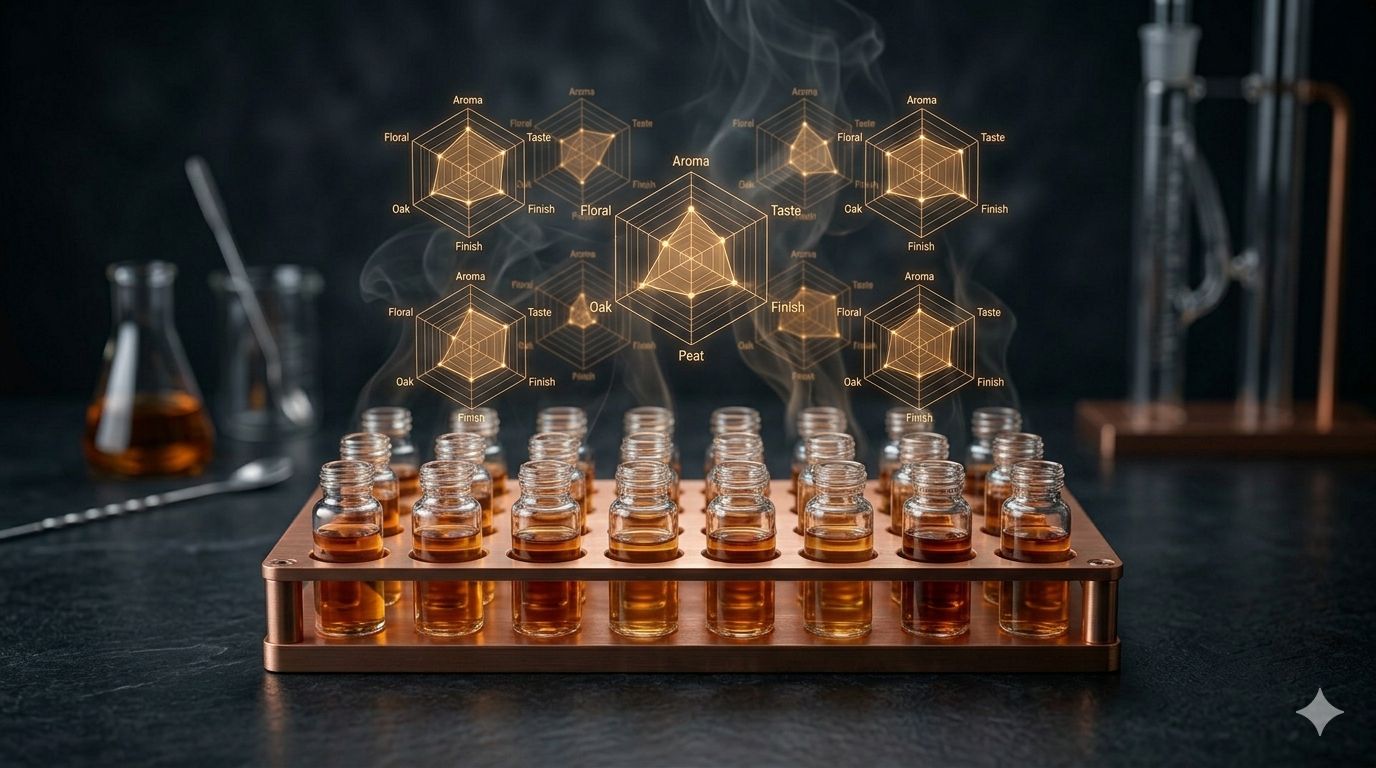 Sauce sample vials on a lab bench with flavour data charts overlaid