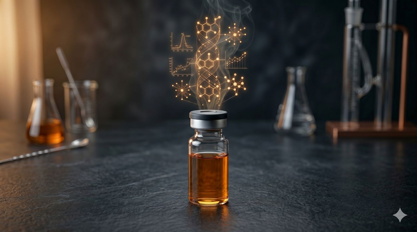 Gas chromatography vial of amber liquid with molecular structures rising from it
