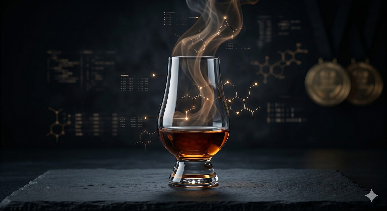 Glencairn glass with flavour molecule overlay — AI sensory analysis