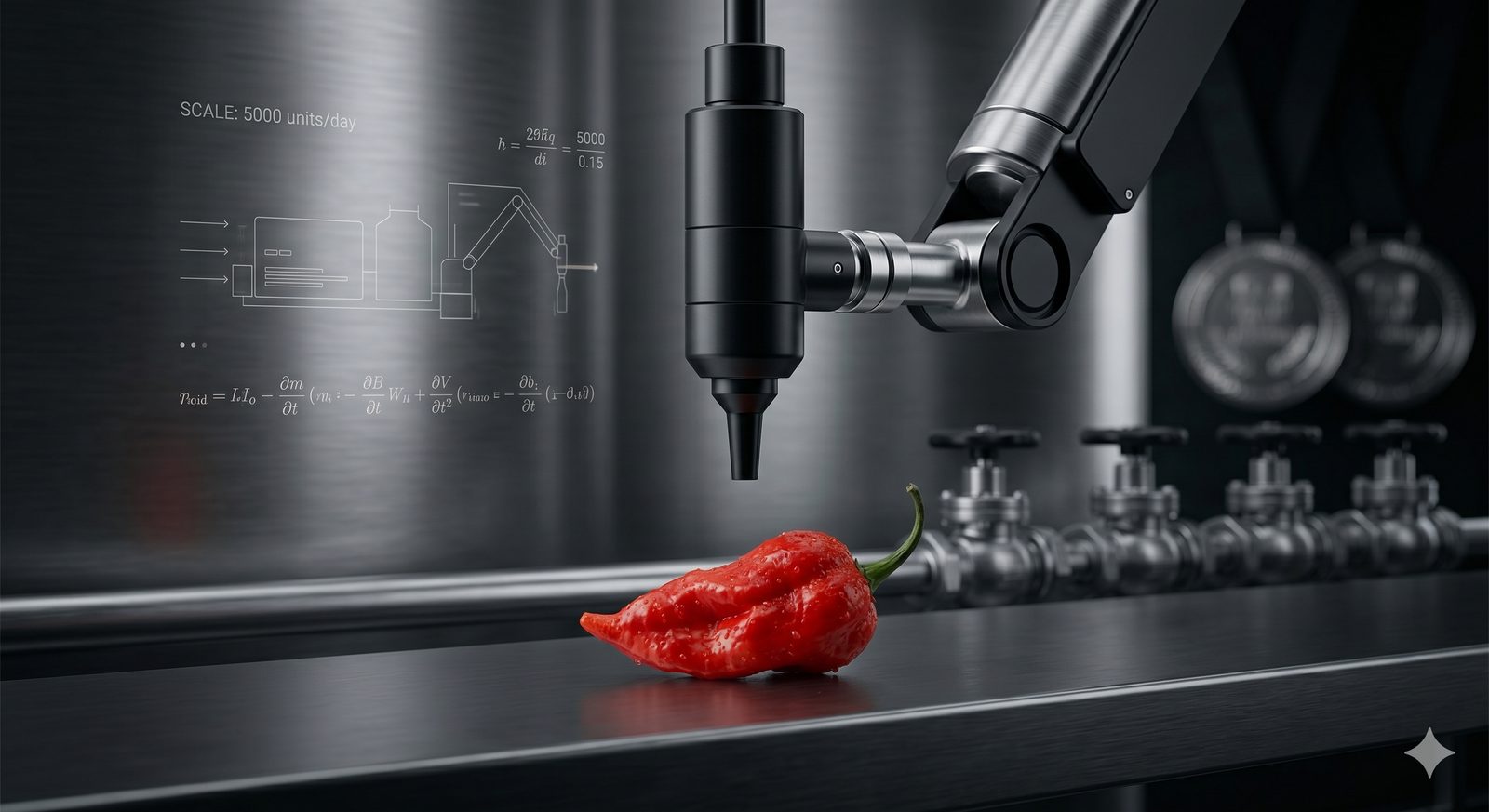 Robotic dosing arm and ghost pepper on a production line