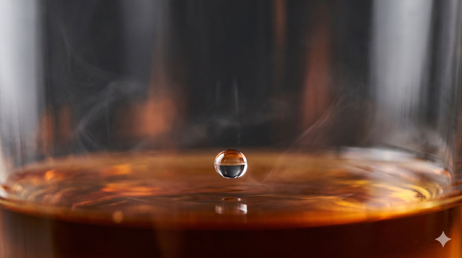Water droplet falling into amber whisky with aroma vapour rising