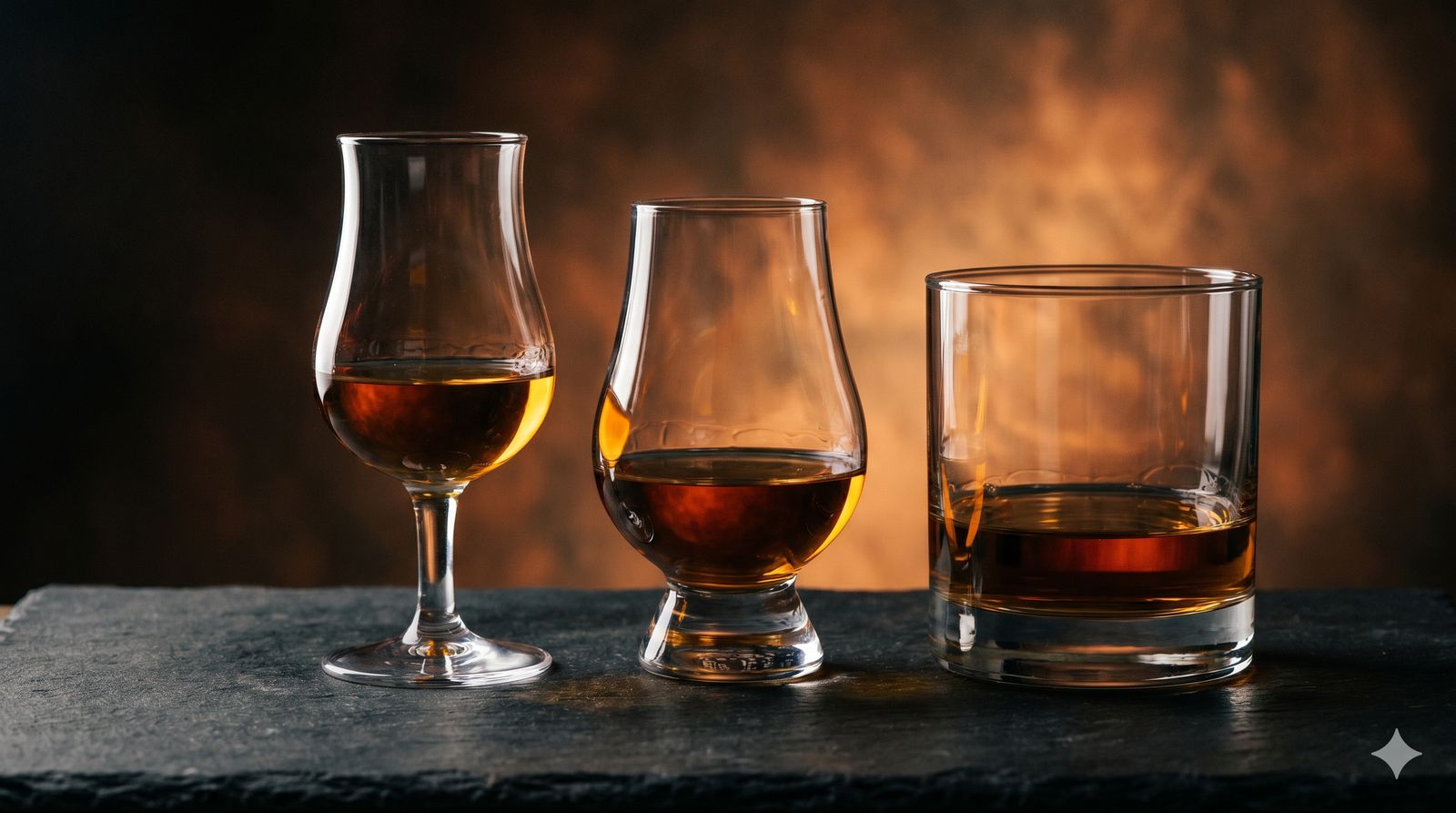 Three whisky glass shapes side by side, backlit with amber liquid