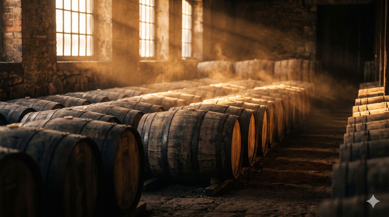 Hot whisky maturation warehouse in India — charred oak casks in golden light