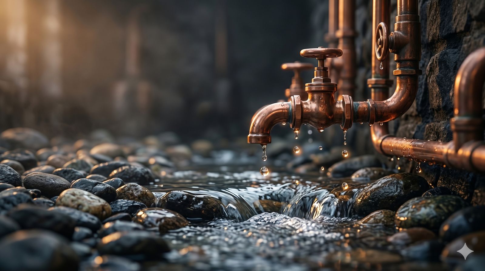 Clear water flowing over stones beside copper distillery pipework
