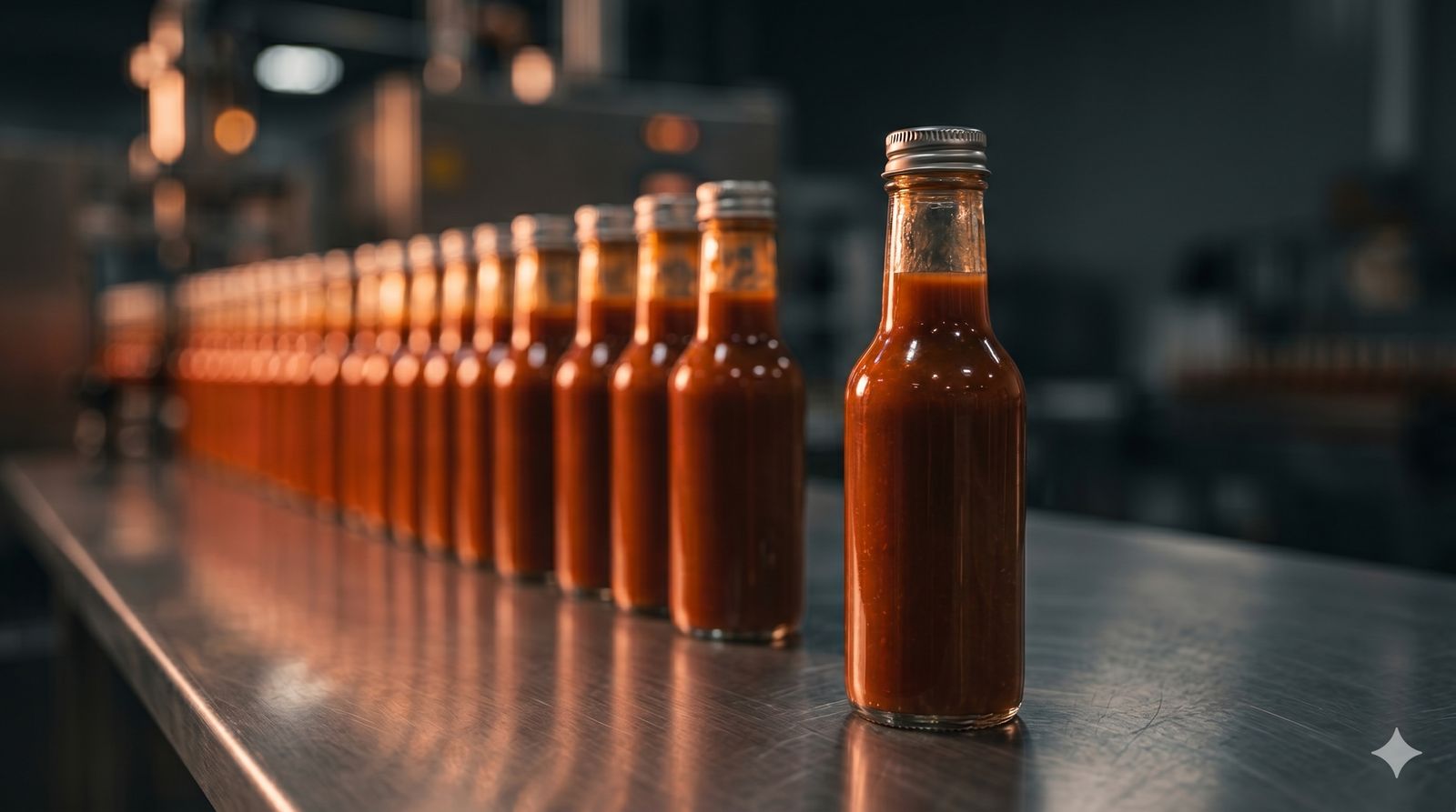 Glass hot sauce bottles on a stainless steel conveyor line