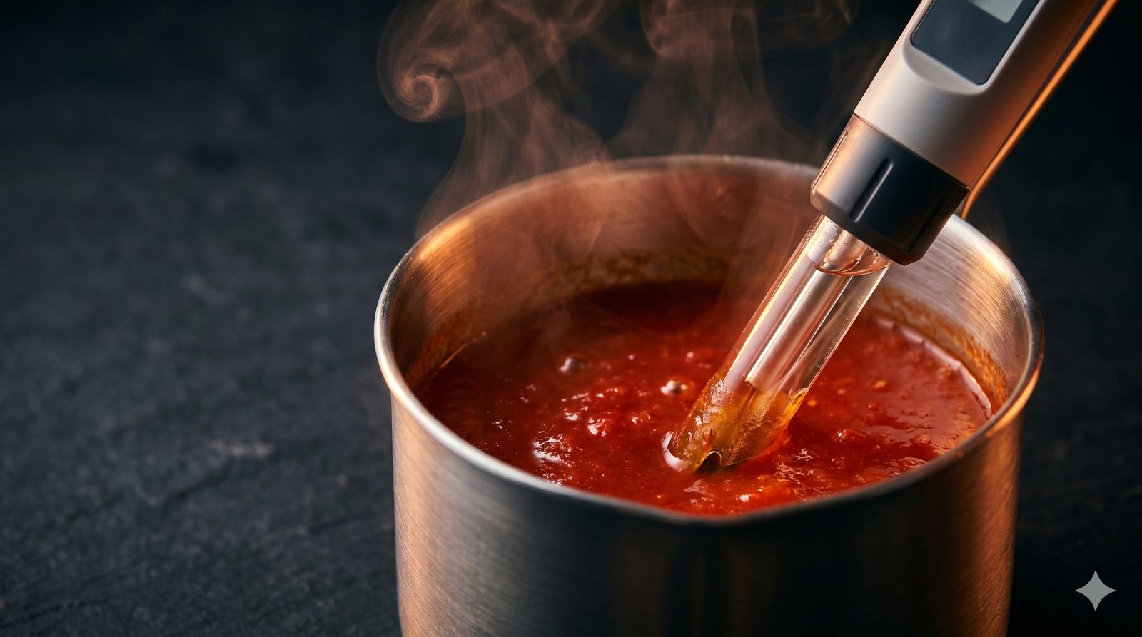 Digital pH meter probe in a red chilli sauce in a stainless steel vessel