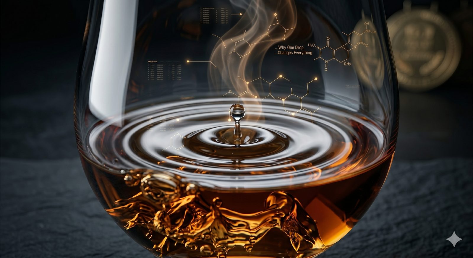 Close-up of a whisky glass with a single water droplet creating ripples on the surface, aroma vapour and flavour molecule diagrams rising above — the chemistry of adding water to whisky